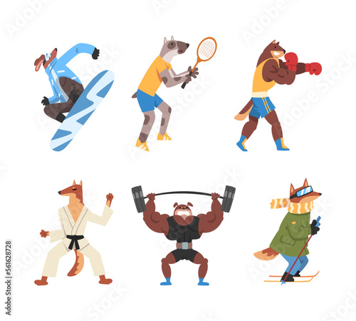 Dogs doing sports set. Dog snowboarding, playing tennis, boxing, lifting barbell, skiing cartoon vector illustration