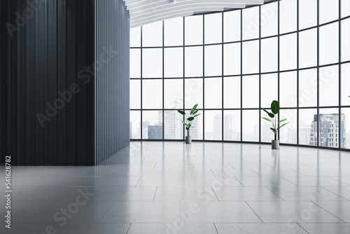 Clean light hallway interior with designer walls  panoramic window  decorative plants and city view. 3D Rendering.