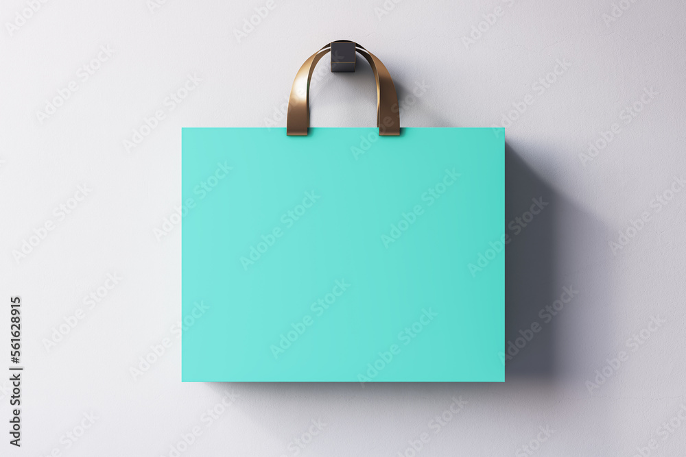 Close up of blue shopping or present bag on light background. Mock up, 3D Rendering. Close up of blue shopping or present bag on light background. Mock up, 3D Rendering.
