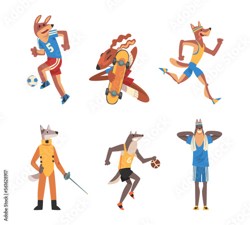 Dogs doing sports set. Dog playing soccer, skateboarding, fencing, running cartoon vector illustration