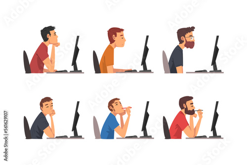 Set of people working at computers. Male office employees sitting at desks in front of computer screen cartoon vector illustration