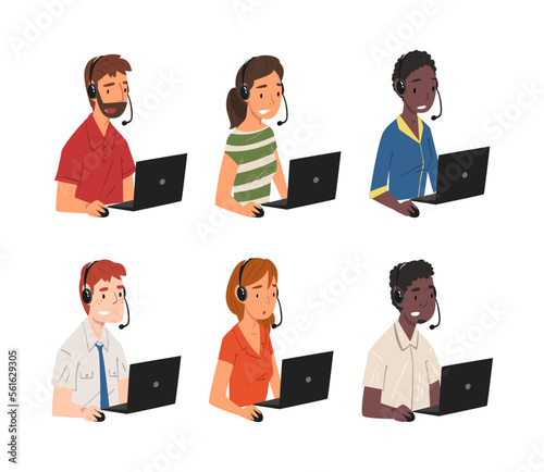 Support service operators with headsets set. Customer service, call center, hotline cartoon vector illustration