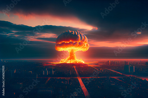  Nuclear explosion in the city. Atomic weapons and the apocalypse. Generative AI.