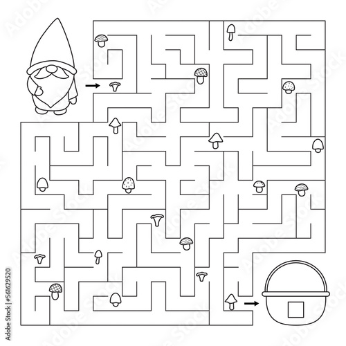 Coloring page with maze game. Help the gnome find right way and collect all mushrooms. Educational puzzle for preschool and school kids. Vector illustration.