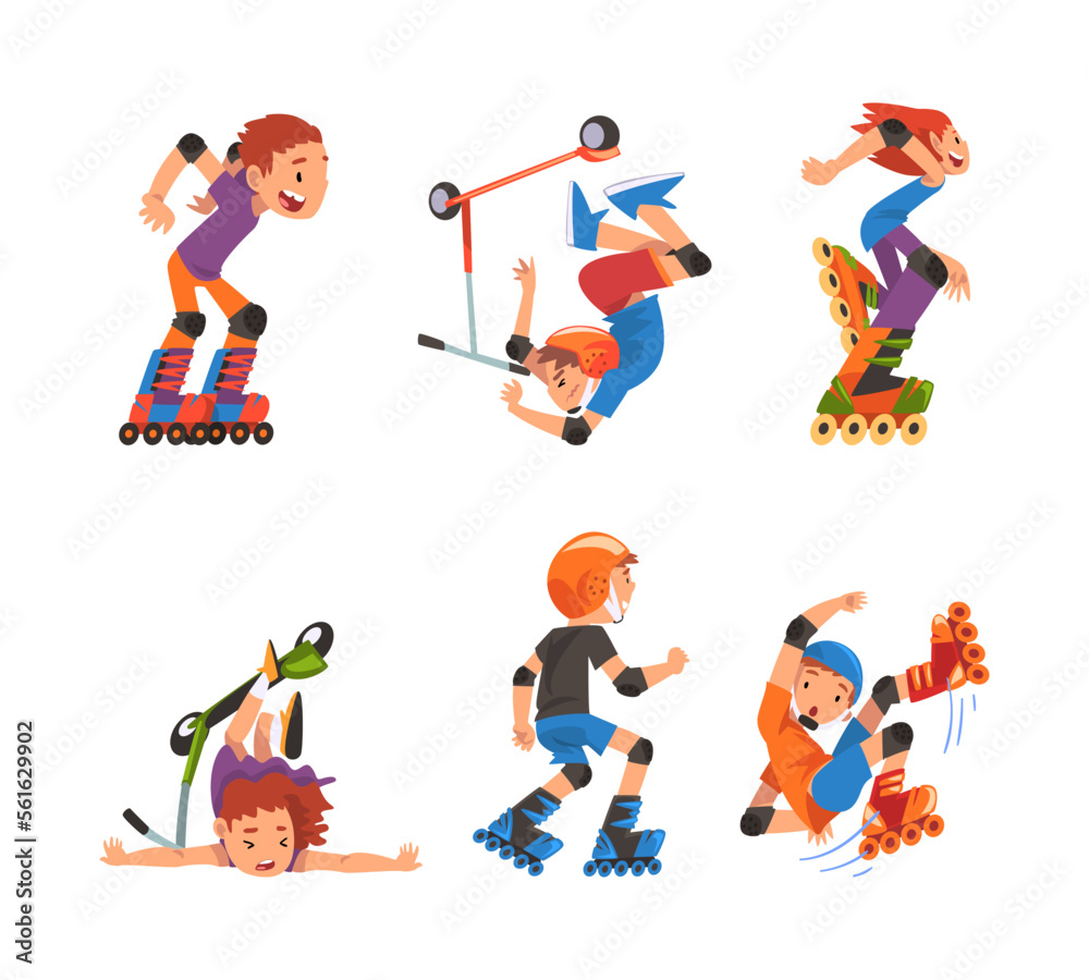 Children rollerblading and riding kick scooter set cartoon vector illustration Children rollerblading and riding kick scooter set cartoon vector illustration