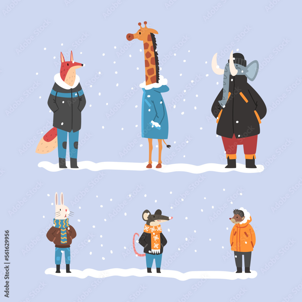 Fototapeta premium Set animals in warm winter clothes. Fox, giraffe, elephant, rabbit, mouse, hedgehog walking outdoors in cold weather cartoon vector