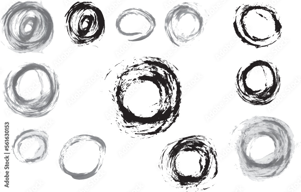 Hand-drawn circles. Monochrome vector rings. isolated design elements in grayscale. Grunge texture. Round print on a white background. Hand-drawn circles. Monochrome vector rings. isolated design elements in grayscale. Grunge texture. Round print on a white background.