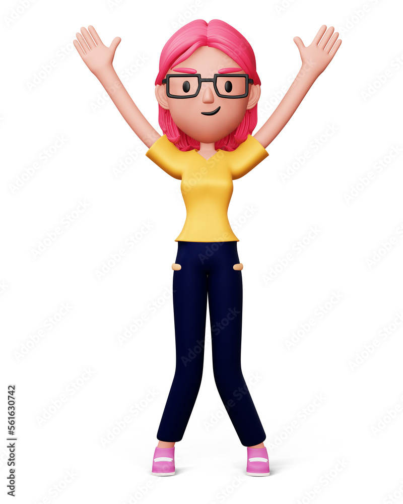 Happy women raise both hands, 3d rendering