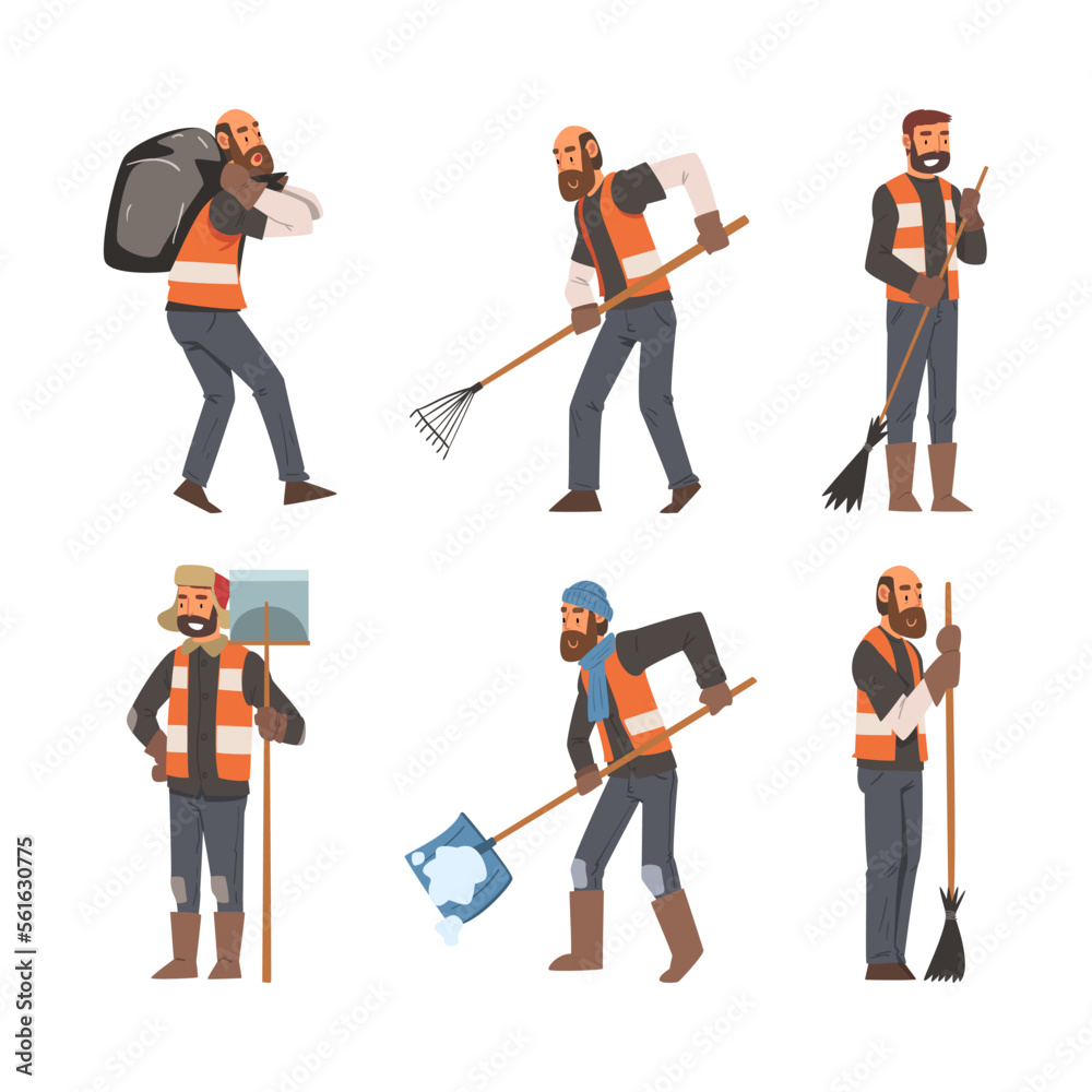 Janitor, sweeper cleaning street with working tools set cartoon vector illustration