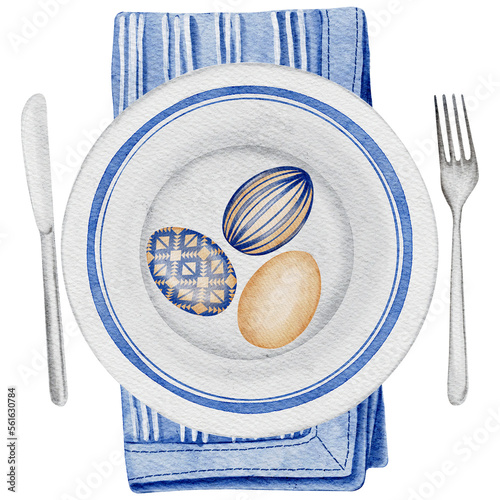 Easter table decor with ceramic easter decorated plate lies on the napkin and easter painted eggs, knife and fork. Transparent background PNG