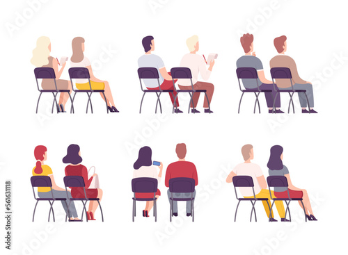 View from behind of sitting people. Male and female students sitting on chairs in row cartoon vector illustration