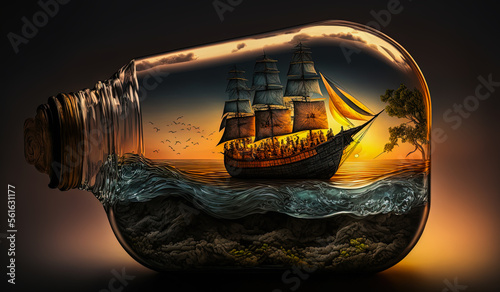 A vintage sailing ship enclosed in an irregular shaped glass bottle, on a black background and with the dreamy twilight of a sunset over the ocean. Perfect for adding whimsy to any graphic piece. photo