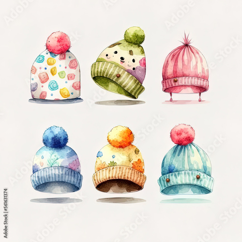 set of hats for your design, collection of kids fantasy hats,  woolen winter hats. Adorable set. Illustration, generative art © Caphira Lescante