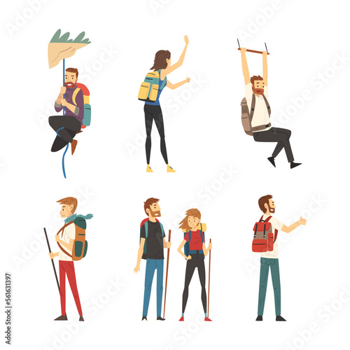 Tourists on vacation set. Male and female travelers hiking, climbing mountain, backpacking and hitchhiking. Seasonal recreation, adventure trip concept cartoon vector illustration