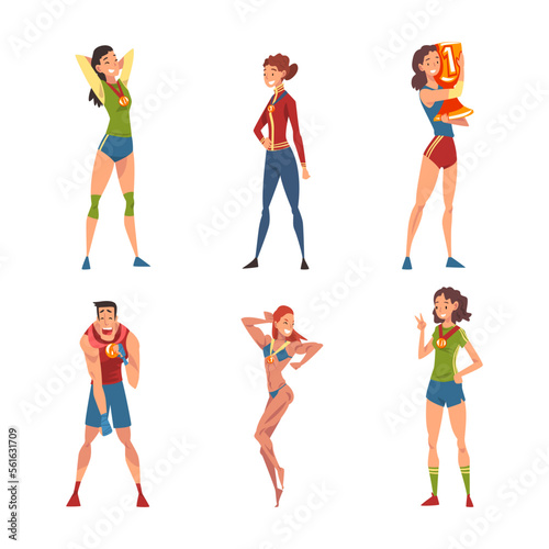 Set of male and female athletes with medals set. Sports competition winners cartoon vector illustration