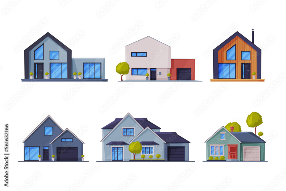 Houses set. Suburban and urban houses facades cartoon vector illustration