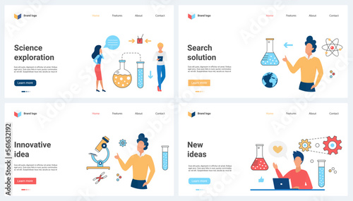 Discovery of science, search for new innovative solutions and idea creation set vector illustration. Cartoon tiny people research with microscope and lab equipment, scientific brainstorm on project