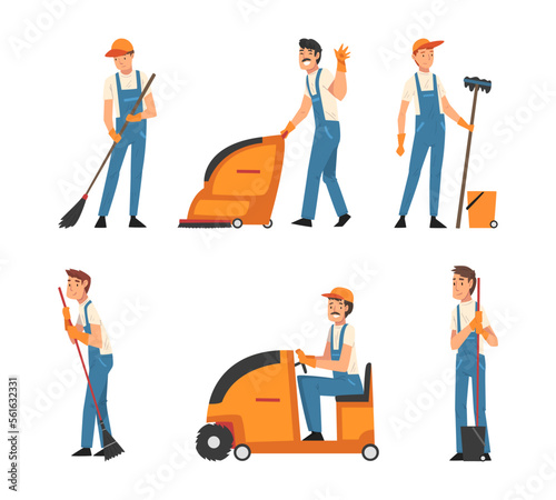 Set of cleaning company staff. Professional cleaners working with cleaning equipment cartoon vector illustration