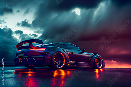 Futuristic sports car on drak dramatic cloudy environment.  car riding on high speed in the night.  Generative AI. © EwaStudio