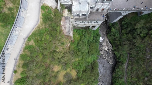 Aerial over the National Shrine Basilica of Our Lady of Las Lajas over the Guáitara River in Narino Department of Colombia in Ipiales, considered one of the most beautiful churches in the world
