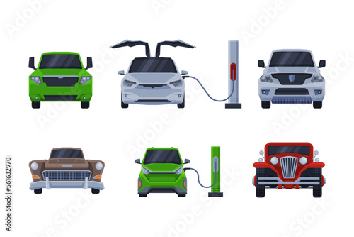 Urban traffic car vehicles set. Front view of modern and retro cars flat vector illustratio