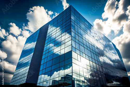 Glass building under blue sky and white clouds.  Generative AI.