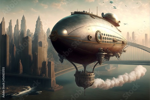 Landscape with airship in the sky with clouds and city in the background, steampunk style. Generative AI
