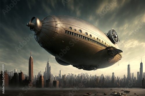Landscape with airship in the sky with clouds and city in the background  steampunk style. Generative AI
