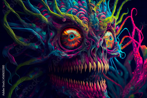 Horror Poster.  Mystical head.  psychedelic monster.  Generative AI. © EwaStudio