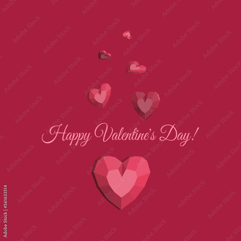 Greeting card with hearts in the form of precious stones on a red background. Vector illustration for your design.
