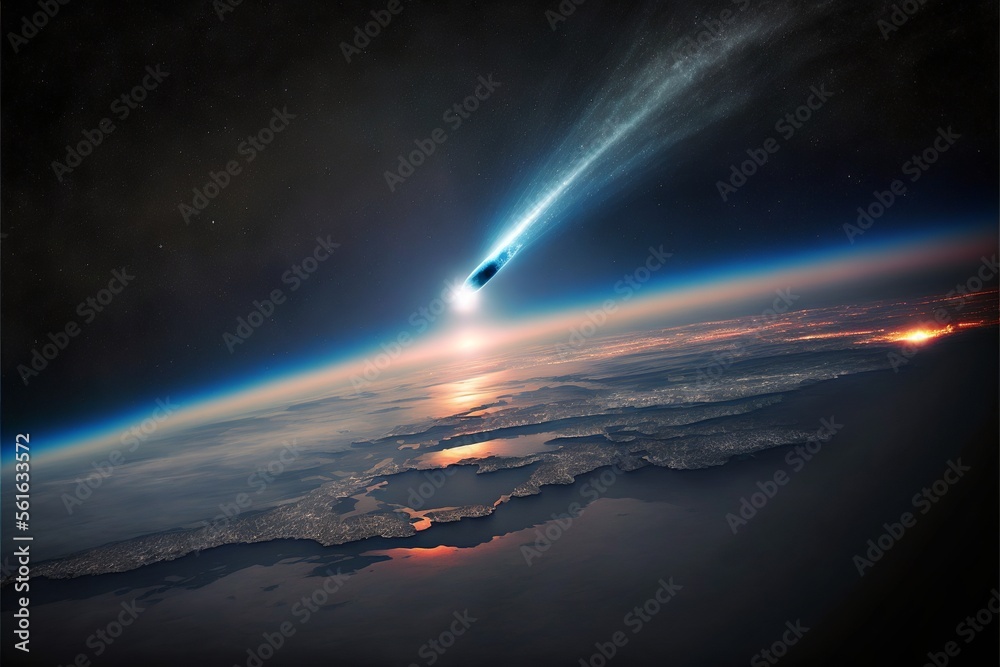 Comet passing close to Earth, visualization from space. AI digital illustration