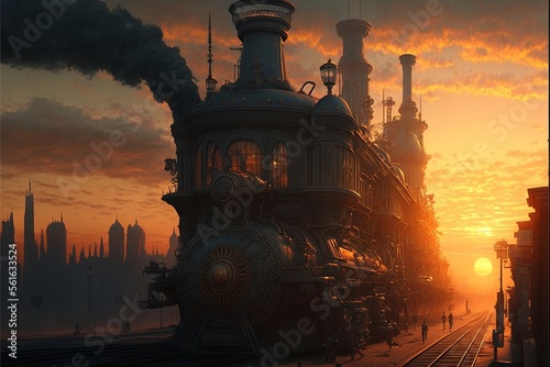Iron train with city in the background with sunset, steampunk style. AI digital illustration