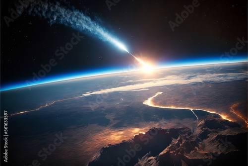 Comet passing close to Earth  visualization from space. AI digital illustration