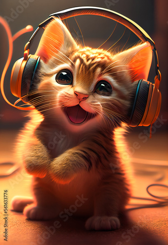 Kitten With Headphones.  Cute Cartoon Kitten.  Generative AI. © EwaStudio