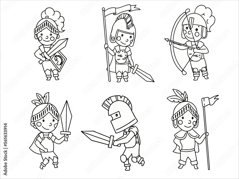 The little knight. Middle Ages. Coloring book Metal armor. Knight tournaments. Children in fairy costumes, isolated vector illustration.