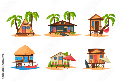 Beach wooden huts, bungalows on exotic topical beach. Summer vacation and travel concept cartoon vector illustration