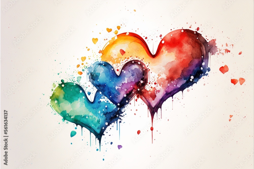 Colorful hearts painting, watercolor, white background. AI digital illustration