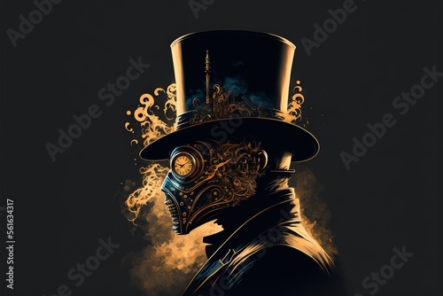 Man with top hat and mask in steampunk style, black background. AI digital illustration