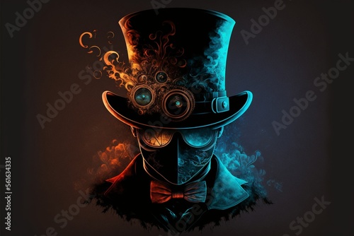 Man with top hat and mask in steampunk style, black background. AI digital illustration