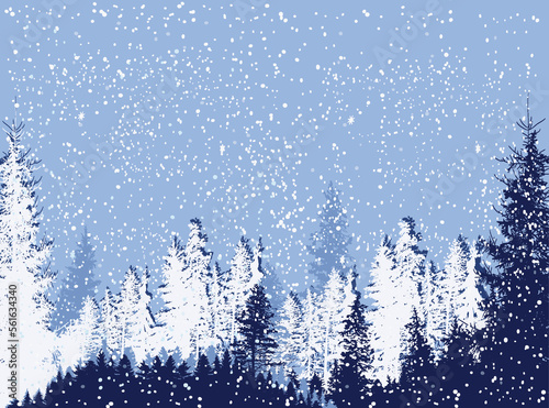 forest on light blue snow background