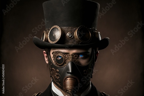 Man with top hat and mask in steampunk style, black background. AI digital illustration