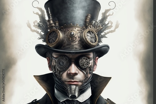 Man with top hat and mask in steampunk style, white background. AI digital illustration