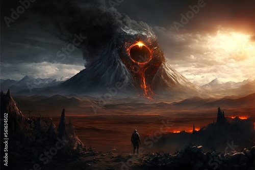 Tela Warrior standing in field looking at erupting volcano, landscape