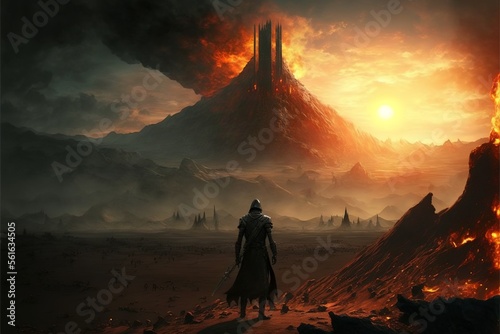 Warrior standing on lava field looking at castle on top of volcano, landscape. AI digital illustration photo