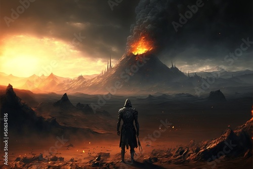 Fotografia Warrior standing in field looking at erupting volcano, landscape