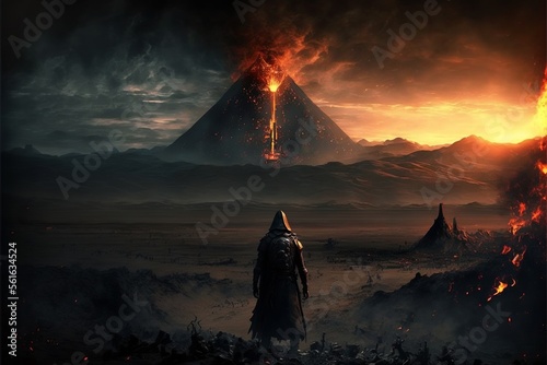 Warrior standing in field looking at erupting volcano, landscape Fototapeta