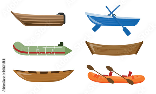 Set of beautiful boats in cartoon style. Vector illustration of wooden and rubber boats, vehicles and transportation on white background.