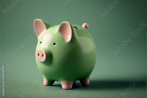 Green piggy bank, Green background. AI digital illustration