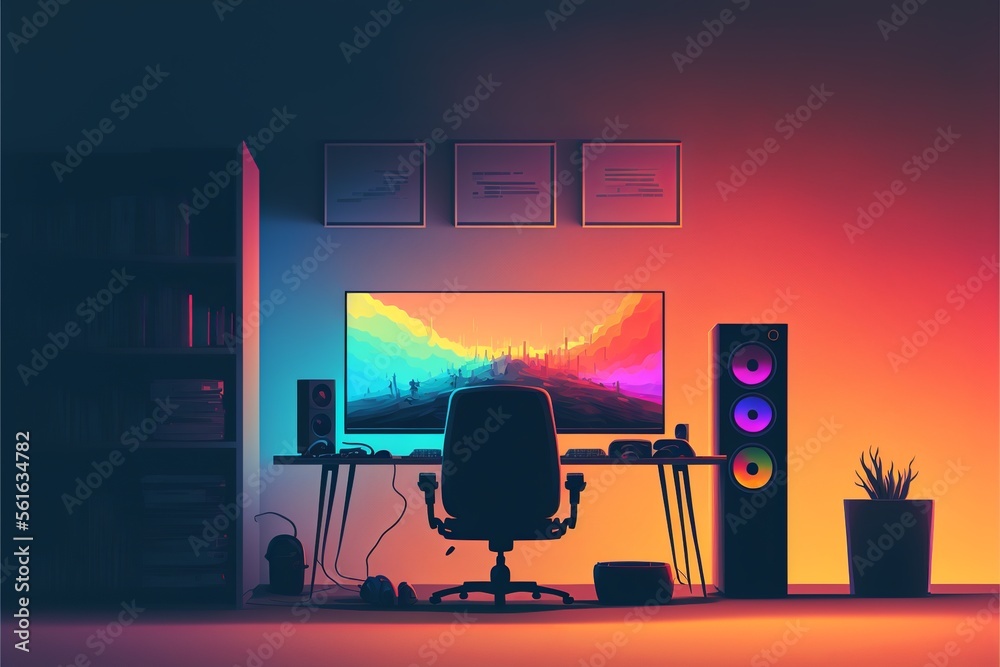 Illustration of gamer setup, computer and gamer chair, gradient ...