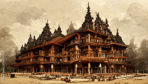 Luxury wooden ancient grand hotel, generated with generative AI